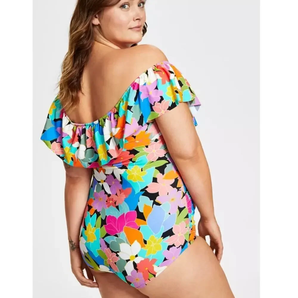 Swim Solutions Women's Multi Off-The-Shoulder Ruffled Swimsuit Size 20W - Picture 2 of 9
